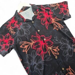 Project X Mens Large Black Floral Button Down Shirt Polyester Spandex Aloha